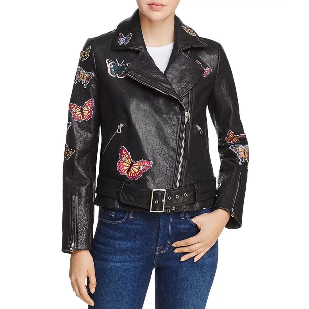 AQUA GENUINE Leather Biker Jacket - Butterfly Embroidered, Moto, Women's SZ S